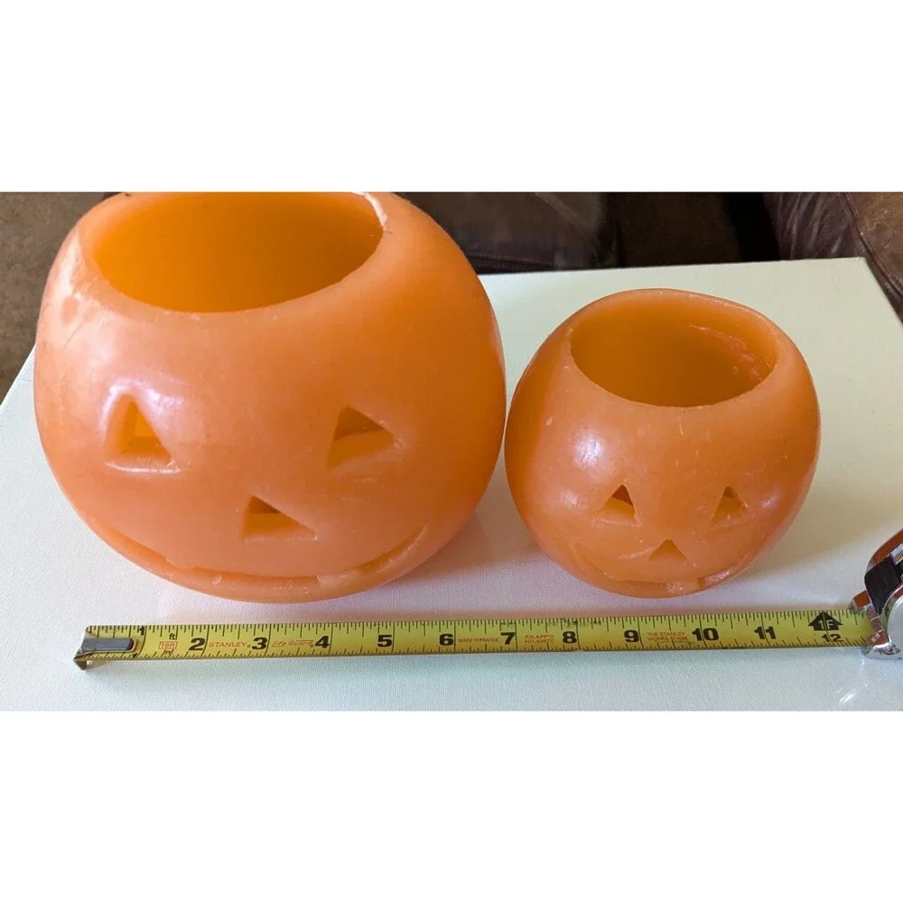 Vtg Lot Of 2 Halloween Wax Pumpkin Luminaries Jack O Lantern Candle Holders